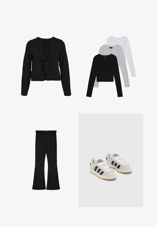 Svart stickad cardigan med kort längd, långa ärmar och knytning fram. Ribbat mönster och rund halsringning.; Tre långärmade tröjor staplade: svart, grå och vit. Var och en har en rund halsringning och en kort design med mjukt, lätt material.; Svarta flare leggings tillverkade av elastisk tyg. Har en bred midja och en slät yta, med en åtsittande silhuett som flares vid fållen.; Grå mocka sneakers med vita snören, svarta ränder och en vit gummisula. Har en rund logo på tungan och en gummisula.