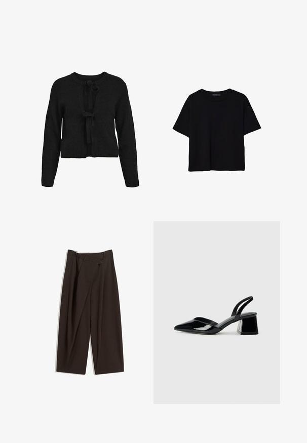 Čierny pletený kardigán s krátkou dĺžkou, dlhými rukávmi a predným viazaním. Hladká textúra a okrúhly výstrih.; Čierne tričko s krátkym rukávom vyrobené z bavlny. Má okrúhly výstrih a voľný strih s hladkou, jednofarebnou textúrou. Žiadne viditeľné vzory ani akcenty.; Tmavohnedé široké nohavice s vysokým pásom, s jedným gombíkom a záhybmi vpredu. Vyrobené z ľahkej textílie.; Čierne lakované kožené sandálové podpätky s špicatou špičkou a geometrickým blokovým podpätkom. Disponujú elegantným, minimalistickým dizajnom a hladkým povrchom.