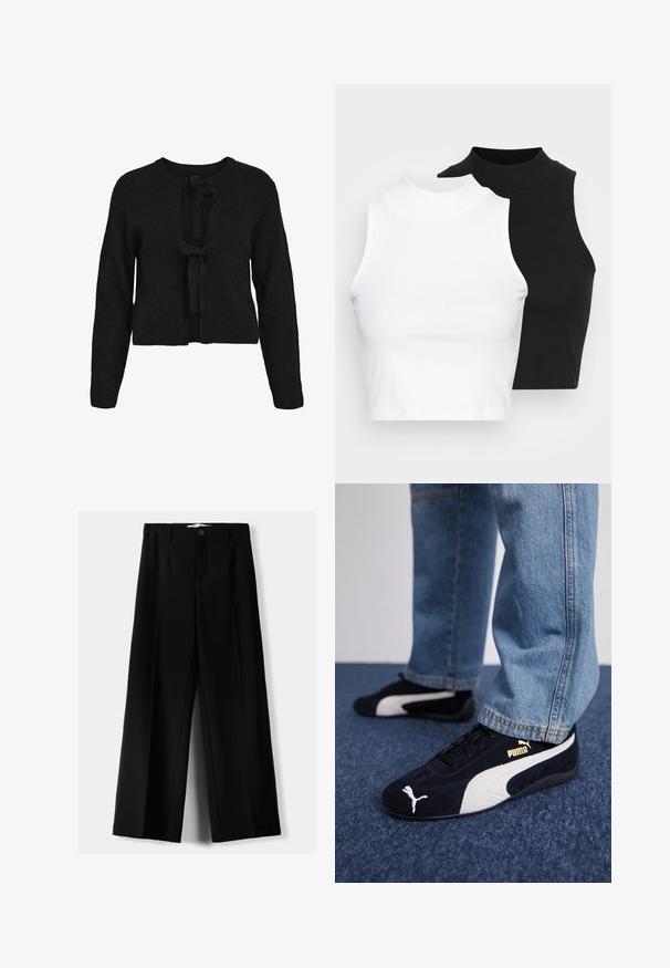 Crna pletena kardigan jakna s skraćenom dužinom, dugim rukavima i prednjim vezanjem. Čvrsta tekstura i okrugli izrez.; Dvije bezrukavne rebraste majice s visokim ovratnikom u crnoj i bijeloj boji, s prilagođenim dizajnom i glatkom teksturom, te skraćenom dužinom.; Crne široke hlače izrađene od lagane tkanine, s prednjim zatvaranjem na dugme i ravnim prednjim dijelom, sa uredno šivenim rubovima.; Crne suede tenisice s bijelim detaljima, s zlatnim logotipom. Nosene su s svijetloplavim trapericama i postavljene na teksturiranoj plavoj podlozi.