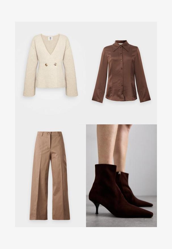 Sweater de malha bege com um decote em V profundo, mangas longas e cintura ajustada, apresentando dois botões redondos grandes na frente.; Camisa de satin castanha com colarinho clássico, mangas longas e fecho frontal com botões. Destaca-se pela sua textura suave e pelo corte ajustado.; Calças largas castanhas feitas de um tecido suave, com fecho frontal por botão, dois bolsos frontais e linhas limpas e ajustadas.; Botas de tornozelo em camurça castanha com bico afiado, salto alto elegante e detalhe com fecho atrás, apresentando uma textura suave e um design minimalista.