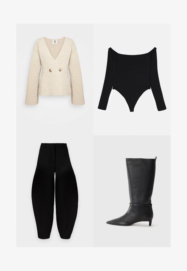 Bež pleteni pulover z globokim V-izrezom, dolgimi rokavi in prilega pasu, ki ima spredaj dva velika okrogla gumbka.; Črn bodi z dolgimi rokavi z off-the-shoulder izrezom, gladko teksturo in visokim izrezom na nogah ter stranskimi gubami.; Črne hlače širokega kroja z visokim pasom, nagubanimi sprednjimi deli in zoženimi gležnji. Narejene iz gladkega materiala z mat površino.; Črne usnjene visokokakovostne škornje do kolen s koničastim nosom, okrašene s krožno zanko okoli gležnja in nizko, oblikovano peto. Gladka tekstura.