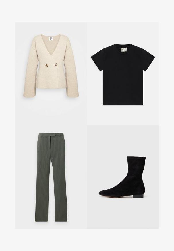 Pull en tricot beige avec un décolleté en V profond, des manches longues et une taille cintrée, décoré de deux grands boutons ronds à l'avant.; T-shirt noir à manches courtes avec col rond, portant une étiquette blanche à l'intérieur du col étiquetée "D.R.C. EST. 2002" sur fond blanc.; Pantalon tailored à rayures grises foncées avec passants de ceinture et coupe droite, posé à plat sur un fond blanc.; Bottine en suede noir avec une tige ajustée, un bout pointu et un petit talon bloc. Texture lisse et design minimaliste, adaptée à un styling polyvalent.