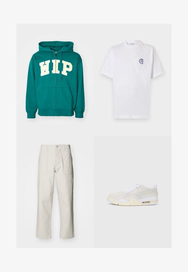 Teal zip-up hoodie made of soft fabric featuring a front kangaroo pocket and large "WIP" lettering in cream. Double drawstring hood.; White cotton t-shirt with short sleeves, round neckline, and a small, embroidered blue "C" logo on the left chest area.; Light beige wide-leg pants made of cotton. Features front pockets and a button closure. Smooth texture with subtle vertical lines.; Sneakers with a light beige synthetic upper, white laces, and visible cushioning. Features a smooth sole and subtle side accents.