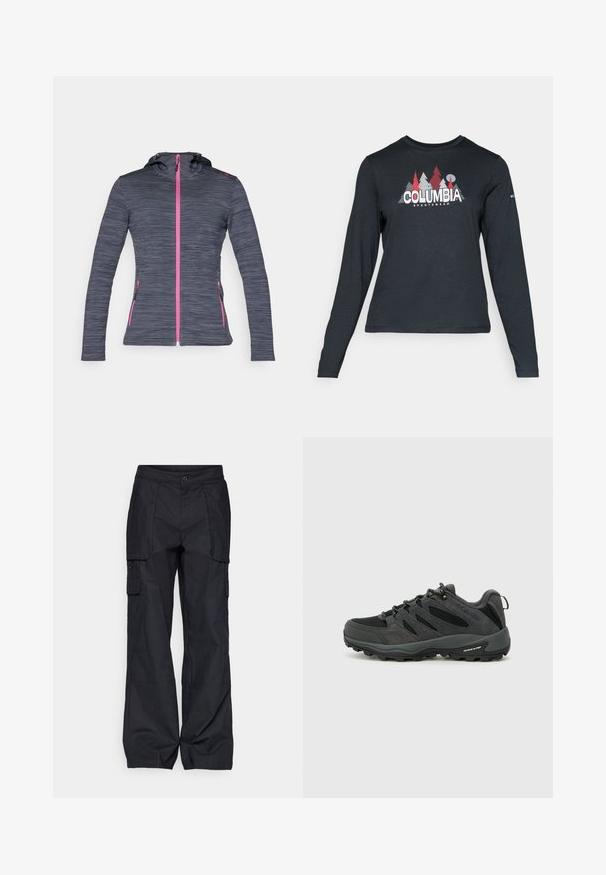 Tumši pelēks jaku ar rāvējslēdzēju un kapuci, ar rozā rāvējslēdzēju un akcentiem, garām piedurknēm un teksturētu rakstu uz auduma.; Tumšs pelēks krekls ar garām piedurknēm, ar grafiku, kurā attēloti sarkani koki un kalni; "COLUMBIA" logo treknā baltā tekstā. Mīksta auduma, standarta apaļa kakla izgriezums.; Columbia BREA FALLS™ COTTON RIPSTOP PANT - Āra bikses - black; Columbia REDMOND - Pārgājienu apavi - black/citron haze