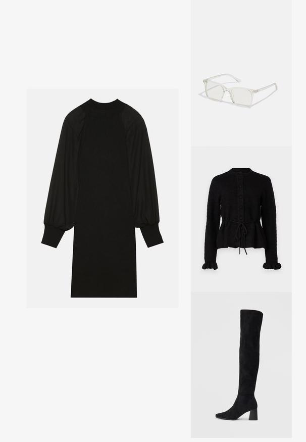 YAS YASTHELLIS CARDIGAN - Jopica - black; Črna obleka z rebrasto tkanino, napihnjenimi rokavi in visokim ovratnikom. Silhueta je ravna in sega do kolen.; Črne semiš škornje do kolen z blok peto, s koničastim nosom in gladkim, brezšivnim dizajnom na enostavni svetli podlagi.; Prozorne kvadratne plastične očala s prozornimi lečami, ki imajo zlato dekoracijo na ročajih za dodaten pridih podrobnosti.; Črna semiš torbica z gladko teksturo, strukturirano obliko in kontrastnim šivanjem. Ima dolge naramnice za nošenje na rami.