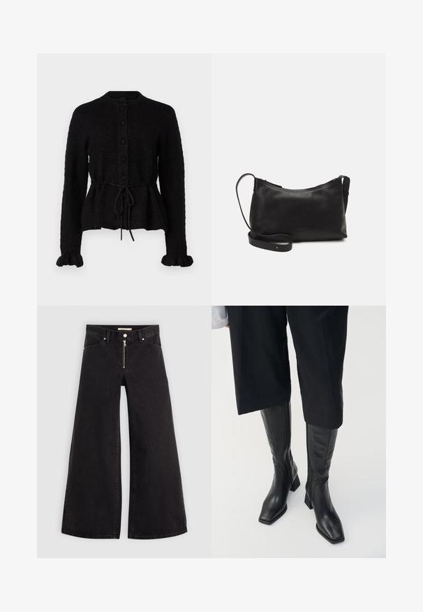 YAS YASTHELLIS CARDIGAN - Kardigan - black; Bílý krátký rukáv V-krk tričko vyrobené z bavlny, s minimalistickým designem a hladkou strukturou, s rovnými lemy a bez ozdob.; Džíny s širokými nohavicemi v černém denimovém provedení se zipem vpředu, pěti kapsami a jemnými švy. Hladká textura a ležérní styl.; Černé kožené vysoké boty ke kolenům se čtveratou špičkou a širokým podpatkem. Obsahují boční zip a hladký povrch.; Černá kožená taška přes rameno s hladkým povrchem, zakřiveným tvarem, nastavitelným popruhem a zipovým uzávěrem. Minimalistický design bez zdobení.