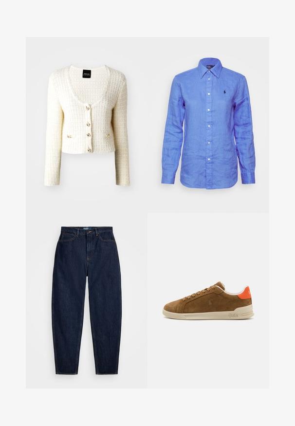Cardigan blanc texturé avec un décolleté en scoop, cinq fermetures à boutons dorés et deux accents latéraux. Il dispose de manches longues et d'un design cropped.; Chemise longue à manches en lin bleu clair, style boutonné, avec un petit logo noir sur la poitrine gauche et des boutons blancs.; Jeans en denim bleu marine avec une coupe droite, dotés de surpiqûres orange, d'une fermeture à bouton à l'avant et de cinq poches.; Baskets en daim marron avec une semelle en caoutchouc crème, présentant des accents orange au niveau du talon et un petit logo sur le côté.