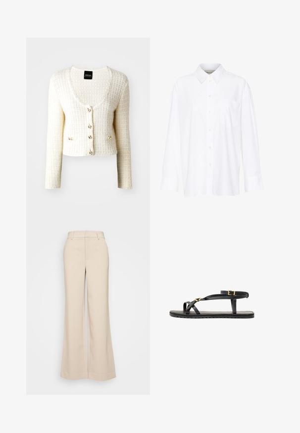 Cardigan bianco texturizzato con scollo a barchetta, cinque chiusure a bottone in tono oro e due accenti laterali. Presenta maniche lunghe e un design corto.; Camicia bianca a maniche lunghe con colletto in cotone. Caratterizzata da una chiusura con bottoni e una tasca sul petto singola. Tessuto liscio, vestibilità comoda.; Pantaloni beige a gamba larga con una texture liscia, caratterizzati da una vita alta e due tasche frontali. Design pulito con una vestibilità sartoriale.; Sandali neri in pelle con sottili cinturini e una cinghia alla caviglia con fibbia. Suola piatta con una finitura texturizzata e bordo a zigzag. Design minimalista.
