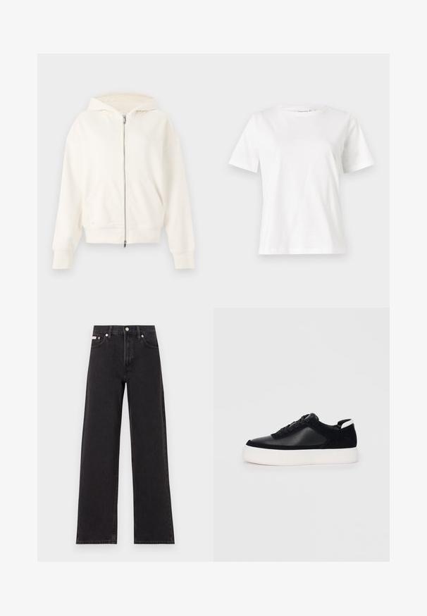 Biely zipsový mikina s kapucňou na sťahovanie, klokaními vreckami a rebrovanými manžetami. Mäkko materiál s hladkou textúrou a minimalistickým dizajnom.; Biela bavlnená tričko s krátkymi rukávmi, okrúhlym výstrihom a voľným strihom. Hladká textúra, bez vzorov alebo akcentov, minimalistický dizajn.; Čierne široké džínsy vyrobené z denimu, s vysokým pásom, piatimi vreckami a kovovým zapínaním s kontrastným šitím.; Čierne tenisky s hladkou kožou a semišovými panelmi, plochými šnúrkami, zaoblenou špičkou a bielou gumovou podrážkou. Výrazné logo na päte.