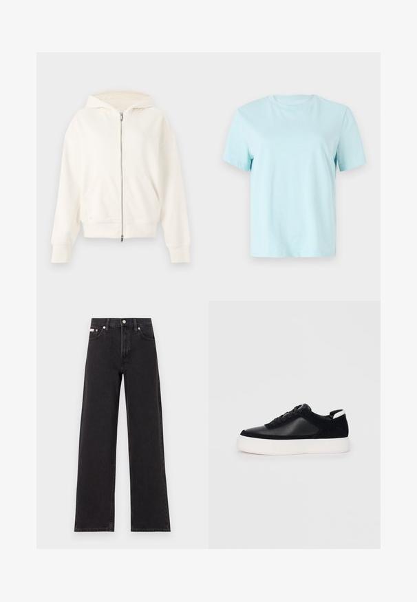 Sweatshirt branco com fecho zip e capuz ajustável por cordão, bolsos tipo canguru e punhos canelados. Material suave com uma textura lisa e design minimalista.; T-shirt de algodão azul claro com mangas curtas, gola redonda e logo 'Calvin Klein' bordado discreto na parte da frente.; Jeans de perna larga pretos feitos de denim, apresentando uma cintura alta, estilo de cinco bolsos e um fecho em botão de metal com costura contrastante.; Sapatilha preta com painéis de pele lisa e camurça, atacadores planos, bico arredondado e sola de borracha branca. Logótipo distinto no calcanhar.