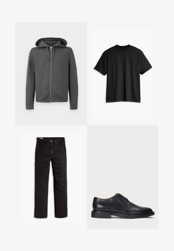 Pilkas su užtrauktuku ir gaubtu, pagamintas iš minkštos medžiagos, su sklandžiu užtrauktuku ir ilgomis rankovėmis. Minimalistinis dizainas, be matomų raštų.; Juodas medvilnės marškinėliai su apvaliu kaklu ir trumpomis rankovėmis. Su subtiliu priekyje esančiu logotipu ir tiesia apatine dalimi. Paprastas ir minimalistiškas dizainas.; Juodos tiesios kojų džinsinės kelnės su penkiomis kišenėmis, mygtuko užsegimu ir diržo kilpomis, išdėstytos plokščiai ant balto fono.; Juodas odinis suknių batelis su apvalia nosimi, raišteliais ir žemu, sukrautu kulnu. Lygus paviršius su minimaliais siuvinėjimo detalėmis.