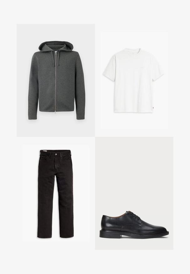 Felpa grigia con zip, dotata di cappuccio, realizzata in tessuto morbido, con una cerniera liscia e maniche lunghe. Design minimale, senza motivi visibili.; T-shirt bianca in cotone con maniche corte, colletto tondo e logo Levi's discreto stampato al centro. Texture morbida e vestibilità standard.; Jeans in denim neri a gamba dritta con cinque tasche, chiusura a bottone e passanti per cintura, adagiati su uno sfondo bianco.; Scarpa da uomo in pelle nera con punta rotonda, design con lacci e tacco basso impilato. Texture liscia con dettagli di cucitura minimi.