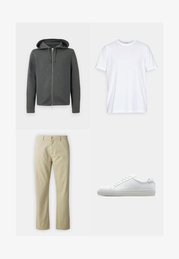 Sudadera gris con cremallera, con capucha, hecha de una tela suave, que presenta una cremallera lisa y mangas largas. Diseño minimalista, sin patrones visibles.; Camiseta blanca de algodón con mangas cortas, cuello redondo y un corte relajado. Presenta un diseño minimalista, sin patrones ni acentos.; Pantalones de algodón beige con un diseño de pierna recta, cierre frontal con botón y presillas para cinturón. Textura suave, sin patrones ni acentos visibles.; Zapatilla blanca con parte superior de cuero liso y perfil bajo. Presenta una puntera redondeada, seis ojales y una suela de goma texturizada.