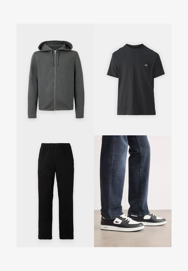 Szürke cipzáras kapucnis pulóver, puha anyagból, sima cipzárral és hosszú ujjal. Minimális dizájn, látható minták nélkül.; Fekete pamut póló rövid ujjakkal, kerek nyakú, bal oldalon egy kis zöld logóval a zseb fölött. Egyszerű dizájn, normál szabású.; Fekete pamut keverék anyagú nadrág, egyenes szabású, rugalmas derékrésszel és gombbal, látható minták vagy díszítések nélkül.; Fekete-fehér Lacoste sportcipők, texturált bőrből készült felső résszel, fűzős kivitelben és fehér gumitalppal. Sötét farmernadrággal viselve.