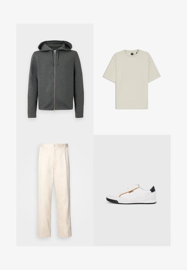 Felpa grigia con zip, dotata di cappuccio, realizzata in tessuto morbido, con una cerniera liscia e maniche lunghe. Design minimale, senza motivi visibili.; T-shirt beige chiaro realizzato in morbido cotone, con una vestibilità rilassata, colletto rotondo e maniche corte. Nessun motivo o dettaglio visibile.; Pantaloni in cotone beige con taglio dritto, dotati di chiusura a bottone e pence sul davanti per un tocco di dettaglio in più.; Scarpe sportive bianche con accenti in rete e pelle. Presentano un logo dorato "BOSS", pannelli laterali testurizzati e un copri tallone nero. Suola in gomma.