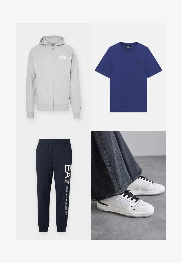 Grå zip-up hettegenser laget av mykt materiale. Har hette, ribbede mansjetter, og trykk med logo på venstre bryst. Enkelt, hverdagslig design.; En ensfarget blå kortermet T-skjorte med rund hals og liten svart EA7 Emporio Armani-logo på venstre bryst.; Mørkeblå bomullsjoggere med elastisk midje, smalnende bein og kontrasterende hvite EA7- og Emporio Armani-logoer trykt langs siden.; Hvite sneakers med svarte lisser og mesh-detaljer. Har en glatt læroverdel og en teksturert gummisåle. Kombinert med vide gråjeans.