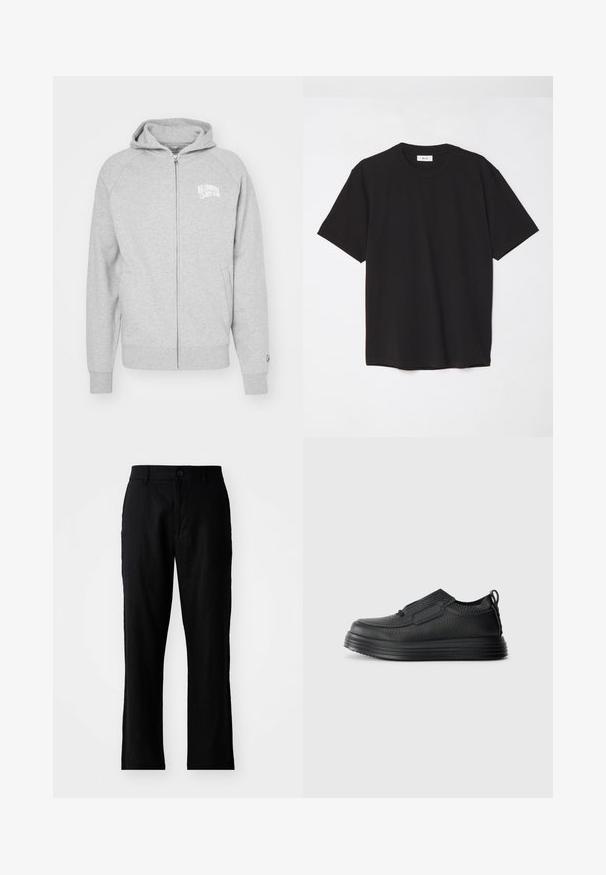 Moletão cinza com fecho éclair, feito de material macio. Apresenta capuz, punhos canelados e uma impressão de logotipo no lado esquerdo do peito. Design simples e casual.; T-shirt de algodão preto com decote redondo, mangas curtas e um corte descontraído. Design simples, textura suave e sem padrões ou logótipos visíveis.; Calças de linho negras com corte reto, apresentando fecho de botão e sem padrões visíveis, textura suave e bolsos padrão.; Shoe slip-on em couro texturizado preto com sola espessa e estriada e alça no calcanhar, mostrado em vista lateral sobre fundo branco.