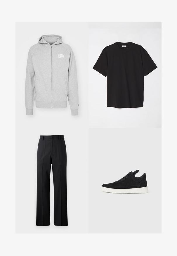 Grå zip-up hettegenser laget av mykt materiale. Har hette, ribbede mansjetter, og trykk med logo på venstre bryst. Enkelt, hverdagslig design.; Svart bomull T-skjorte med rund hals, korte ermer og avslappet passform. Enkel design, glatt tekstur, og ingen synlige mønstre eller logoer.; Svarte rette bukser med beltestropper, frontknapp og glidelås, vist mot en enkel hvit bakgrunn.; Sorte semskede sneakers med hvit gummisåle, med tonale sømmer og snøring. Glatt tekstur med en moderne, strømlinjeformet form.