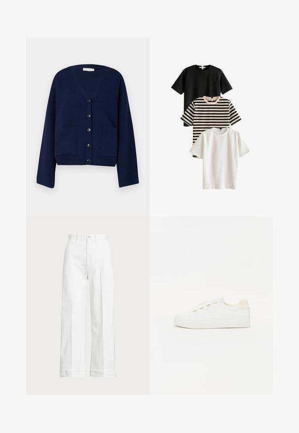 Temno modri pleteni cardigan z V-izrezom, šestimi črnimi gumbi in dvema sprednjima žepoma. Ima prevelike rokave in krajši kroj.; Tri majice: ena črna, ena bela in ena črtasta v črni in bež barvi. Vse imajo kratke rokave in okrogle izreze ter so izdelane iz gladkega materiala.; Bele široke hlače z visokim pasom, ki imajo gumbasto zapiranje in diskretne šive. Narejene so iz bombaža z gladko teksturo.; Bela tenisa z platnenim zgornjim delom, okroglo prst in raven gumijast podplat. Ima zlate očesce in svetlo bež akcent na peti.