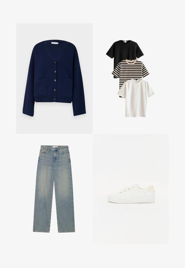 Temno modri pleteni cardigan z V-izrezom, šestimi črnimi gumbi in dvema sprednjima žepoma. Ima prevelike rokave in krajši kroj.; Tri majice: ena črna, ena bela in ena črtasta v črni in bež barvi. Vse imajo kratke rokave in okrogle izreze ter so izdelane iz gladkega materiala.; Svijetloplave traperice visokog struka ravnog kroja s prednjim džepovima, petljama za pojas i vidljivim dugmetom i zatvaračem.; Bela tenisa z platnenim zgornjim delom, okroglo prst in raven gumijast podplat. Ima zlate očesce in svetlo bež akcent na peti.