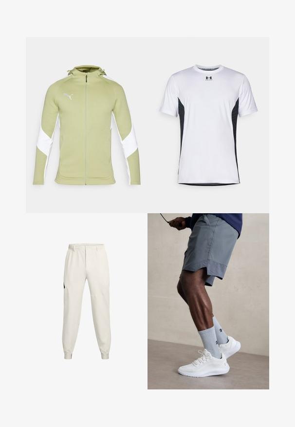 Svetlo zelena atletska jakna z zadrgo spredaj, belimi stranskimi paneli in kapuco. Vsebuje belo Puma logo na zgornji levi strani. Mehka tkanina.; Under Armour CHALLENGER PRO SS - Športne majice - white/black; Lahki bež jogger hlače z elastičnim pasom, stranskimi žepi in rebrastimi manšetami; imajo črn logotip na levi boki.; Bela športna obutev z zgornjim delom iz teksturirane mreže, kombinirana z svetlo modrimi rebrastimi nogavicami z logotipom. Sivi športni šortsi s perforiranim robom.