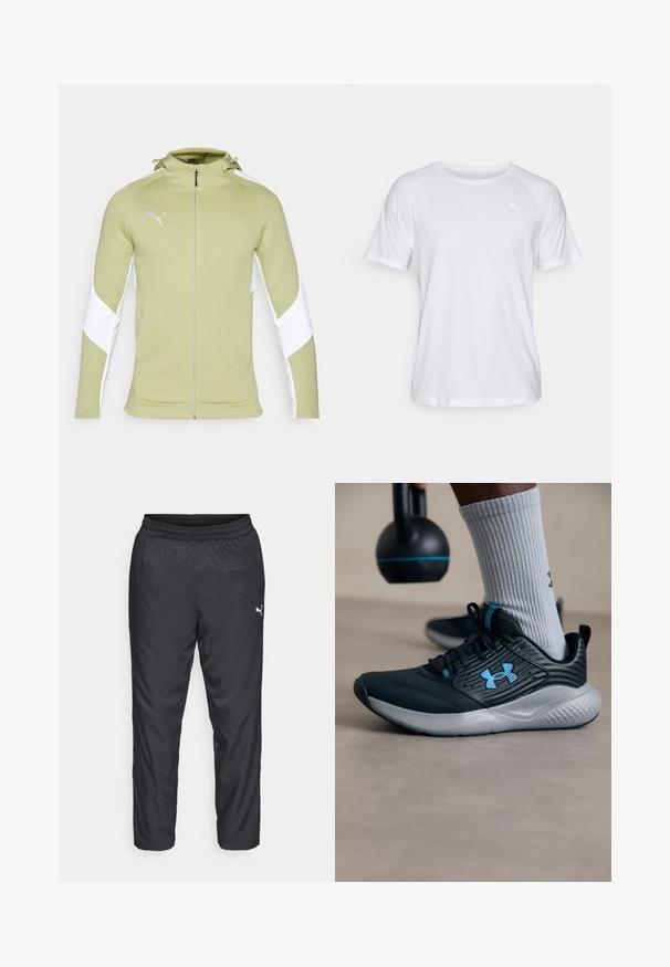 Svetlo zelena atletska jakna z zadrgo spredaj, belimi stranskimi paneli in kapuco. Vsebuje belo Puma logo na zgornji levi strani. Mehka tkanina.; Bela kratka športna majica s kratkimi rokavi z gladko teksturo. Ima okroglo izreznico in majhen logotip v svetli barvi na levi strani prsnega koša.; Črne športne hlače iz gladkega, lahkega materiala. Imajo elastičen pas in mali bel logotip na levi strani.; Črne atletske čevlje z modrimi detajli, teksturirano zgornjo plastjo in sivo podplato. Obuti z sivimi rebrastimi nogavicami, ob črnem kettlebellu.