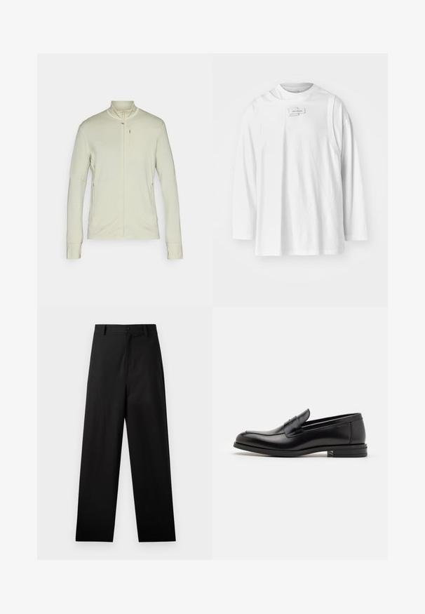 Giacca zip-up color beige chiaro con colletto alto, maniche lunghe e tasche laterali, realizzata in un morbido tessuto texturizzato e caratterizzata da un design minimal.; Feng Chen Wang DECONSTRUCTION UNISEX - Maglietta a manica lunga - white; Pantaloni neri in cotone con design a gamba dritta, dotati di chiusura frontale con bottone e tasche laterali. Texture liscia, senza motivi.; Mocassini neri in pelle con una texture liscia, punta arrotondata e una striscia decorativa sulla tomaia. Tacco basso impilato, design minimalista.