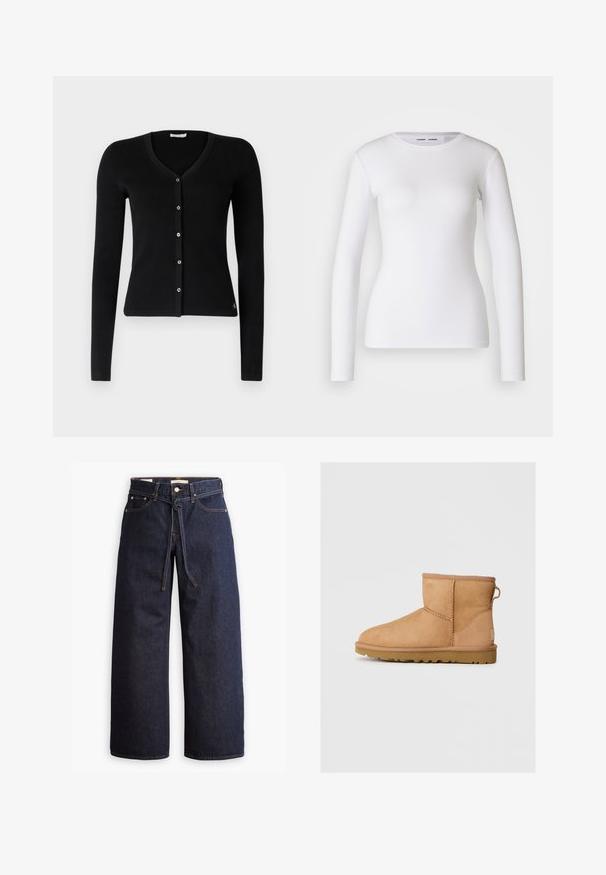 Melnā ribota kardigāna ar garām piedurknēm, V veida kakla izgriezumu un pogu aizdari. Izceļas ar pieguļošu dizainu un nelielu logotipa akcentu apakšmalā.; Balta garo piedurkņu krekls no ribota auduma, ar apaļu kakla izgriezumu un pieguļošu formu. Bez rakstiem vai akcentiem.; Plati zili džinsi ar augstu jostasvietu, ar šnaukaša saišu, piecām kabatām un kontrastējošiem šuvju akcentiem.; Tan zābaki līdz potītei ar apaļu purngalu, ar izšūtiem rakstiem, ar cilpu aizmugurē un strukturētu gumijas zoli. Izstrādāti komfortam un siltumam.
