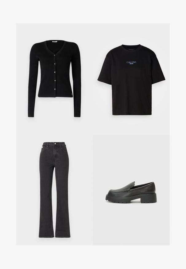 Fekete bordás kardigán hosszú ujjal, V-nyakkivágással és gombos záródással. Feszes fazonú, és egy kis logó díszítés található az alján.; Fekete pamut póló kerek nyakkal, rövid ujjú, elöl kék hímzett "Calvin Klein JEANS" logóval.; Fekete, magas derekú, trapéz fazonú farmernadrág, gombos záródással, övrésszel és oldalsó zsebekkel. Sima textúrájú, minimális kopással.; Fekete bőr loafer cipők kerek orral, vastag, texturált talppal és minimális varrási részletekkel. Áramvonalas dizájn, látható fűzők vagy fém részek nélkül.