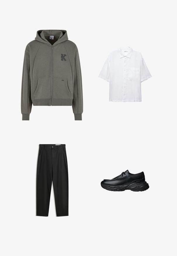 Felpa con cappuccio e zip in misto cotone verde oliva, presenta tasche a marsupio, polsini a costine e un logo "K" nero testurizzato sul petto.; Camicia bianca a maniche corte con chiusura a bottoni, colletto e una singola tasca sul petto. Realizzata in tessuto leggero con una texture liscia.; Pantaloni in cotone neri con una vestibilità rilassata, dotati di una vita classica, pieghe frontali e tasche laterali. Tessuto liscio senza fantasie.; Scarpe slip-on in pelle nera con punta arrotondata e suola in gomma spessa e testurizzata. Presentano cuciture sottili e dettagli in elastico sul colletto.