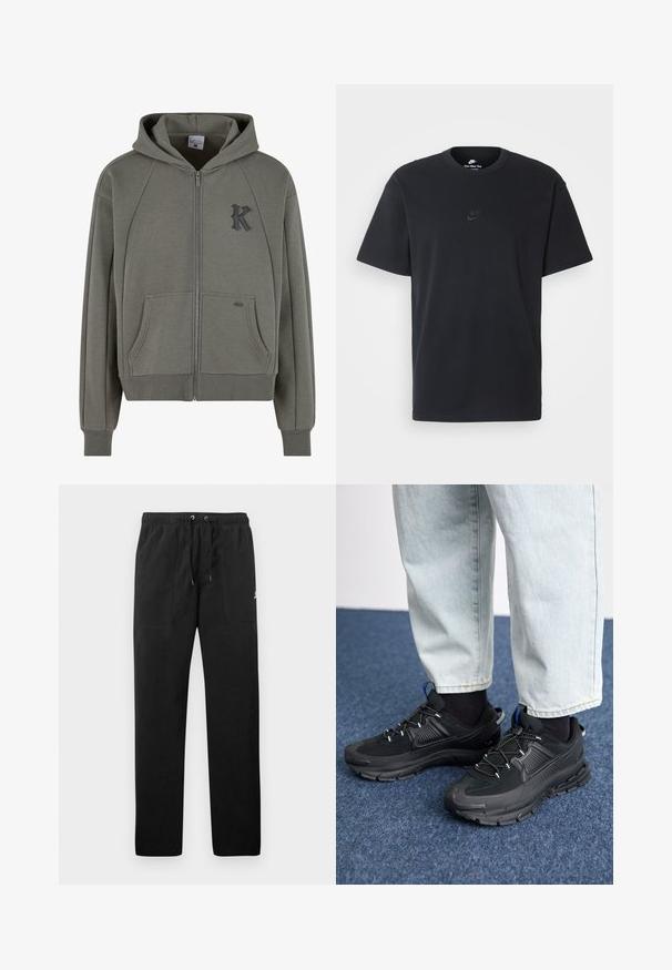 Oliviroheline puhvika kapuutsiga fliis, millel on küünarnuki taskud, soonikkoes ääred ja tekstureeritud must "K" logo rinnal.; Nike musta mustast puuvillast T-särk klassikalise ümmarguse kaelusega, lühikeste varrukatega ja õrna, reljeefse logoga rinnal. Sile tekstuur.; Mustad fliisist sportpüksid, millel on elastne vöö ja paelad, kaks esi-taskut ning väike logo reie peal.; Mustad mustad jooksukingad, millel on tekstureeritud kangas ja kummist tallad, elastsed nöörid ning sinine aksent kandadel. Kandmine heledate teksadega.
