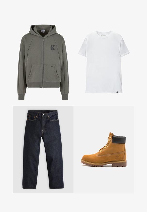 Bunda s kapuco in olivno zeleni mešanici bombaža, z kenguru žepi, rebrastimi manšetami in strukturiranim črnim logotipom "K" na prsih.; Bela majica oprijetog kroja izrađena od pamuka. Okrugli izrez, kratki rukavi, glatka tekstura. Mala crna oznaka na rubu. Jednostavan dizajn.; Temno modri kavbojki s ravnim krojem, petimi žepi, kontrastnim oranžnim šivom in gumbom za zapiranje. Brez vidnih vzorcev ali okraskov.; Svetlo rjave anklne čizme iz semiša z črnim oblazinjenim ovratnikom, zlatimi kovinskimi očesci, belimi šivi in robustnim gumijastim podplatom s izrazitimi tredi.