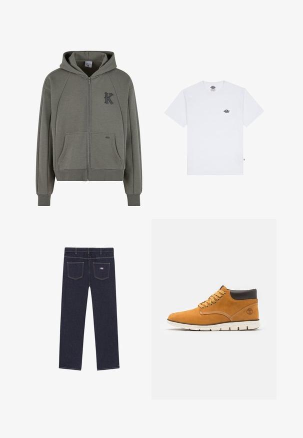 Mikina s kapucňou na zips v olivovo zelenej farbe z bavlnenej zmesi, má klokanie vrecká, rebrované manžety a textúrované čierne logo "K" na hrudi.; Biela bavlnená tričko s krátkym rukávom, s malým čiernym logom na hrudi a štítkom v dolnom ľavom rohu.; Tmavomodré džínsy so rovný strih, s dvoma zadnými vreckami a kontrastným žltým šitím. Značková etiketa na pravom vrecku.; Hnedé semišové členkové topánky s polstrovaným golierom, so zlatými očkami a šnúrkami, kontrastným prešitím a bielou gumovou podrážkou.