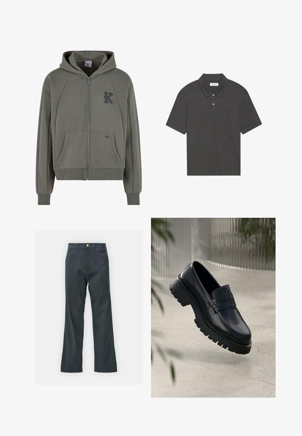 Džemper s kapuljačom i zatvaranjem na zip u maslinasto zelenoj mješavini pamuka, sadrži kengurške džepove, rebraste manšete i teksturirani crni logo "K" na prsima.; Tamnosivi polo majica s klasičnim ovratnikom, tri dugmeta na prednjem dijelu, kratkim rukavima i džepom na lijevoj strani grudi. Glatka tekstura tkanine.; Crne hlače s ravnim krojem, napravljene od tkanine s pamukom. Imaju metalnu dugmad za zatvaranje i bočne džepove. Nema vidljivih uzoraka.; Crne kožne mokasine s debelim đonom, s dekorativnom trakom i detaljima šivanja. Glatka tekstura s sjajnim finišem.