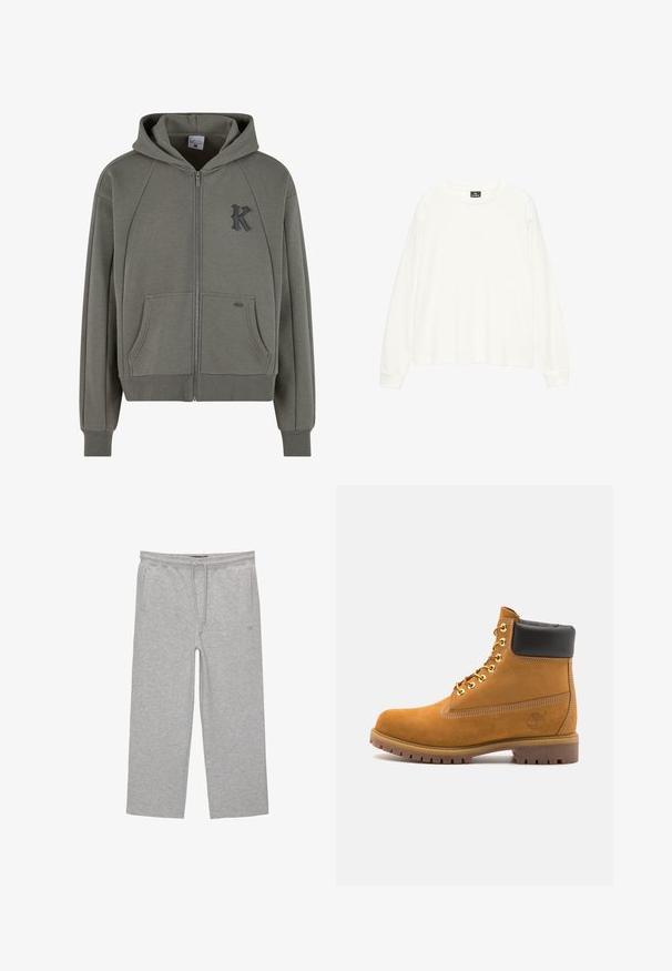 Hooded zip-up sweatshirt in olijfgroen katoenmix, met kangoeroezakken, ribgebreide manchetten en een gestructureerd zwart "K" logo op de borst.; Witte bloes met lange mouwen van zachte stof, met een brede ronde hals en een relaxte pasvorm. Gladde textuur met geribde manchetten.; Grijze katoenen loungebroeken met een elastische tailleband, trekkoord en twee zijzakken; rechte pijpen, zachte textuur, zonder patronen.; Tan suède enkelboot met zwart gevoerd kraagje, gouden metalen oogjes, witte stikdetails en een robuuste rubberen zool met uitgesproken profiel.