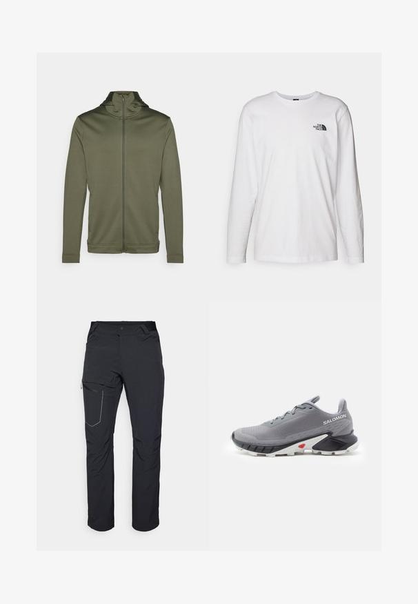 Giacca zip-up verde oliva con colletto alto e cappuccio, realizzata in tessuto liscio, dotata di maniche lunghe e un design aderente.; T-shirt bianco a maniche lunghe in cotone con colletto rotondo. Presenta un piccolo logo nero sul petto. Texture liscia, vestibilità regolare.; Pantaloni neri da esterno con tasca a zip sulla coscia, cintura elastica e tessuto liscio, resistente all'acqua. Design pulito senza loghi visibili.; Scarpe da corsa grigie con tomaia in mesh testurizzato, suola in gomma nera e bianca, e accenti rossi vicino al tallone. Caratterizzano lacci e un design di supporto.