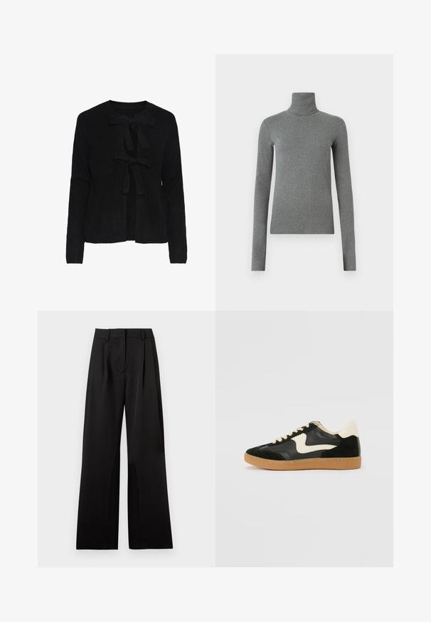 Cardigã preto tricotado com decote redondo, apresentando dois laços frontais e um padrão texturizado. Mangas longas e comprimento cropped.; Camisola de gola alta cinza feita de um tecido liso e elástico. Mangas compridas, design ajustado, textura mínima, sem padrões ou acessórios visíveis.; Calças largas pretas com uma textura suave, apresentando pregas frontais, uma cintura plana e passantes para cinto. Design simples e estruturado.; Sapatilha em camurça e couro pretos com um swoosh lateral em creme e um calcanhar em creme claro. Apresenta atacadores bege e uma sola de borracha tipo gum.