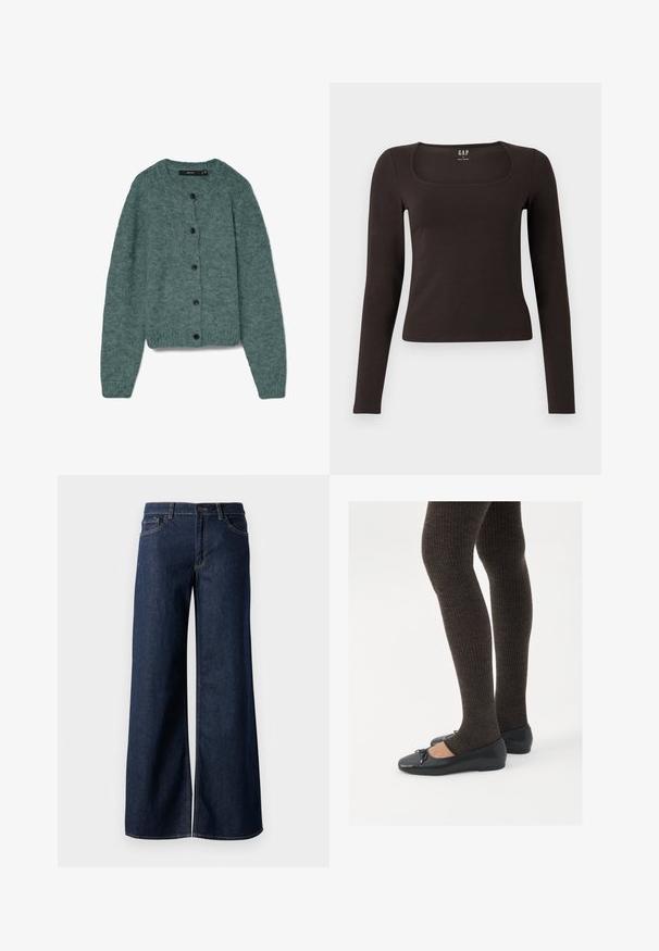 Vihreä neulottu neuletakki, jossa on pyöreä pääntie, pitkät hihat ja viisi tummaa nappia edessä. Pehmeä tekstuuri ja kodikas ulkonäkö.; Musta pitkähihainen, slim fit -paita, jossa on neliömäinen kaula-aukko, merkitty GAP, esillä valkoisella taustalla.; Suorat lahkeet farkut tummansinisestä denimmistä. Ominaisuuksiin kuuluvat kontrastiväriset ompeleet, viisi taskua ja nappisuljenta vyötäröllä. Sileä pinta.; Mustat matalat kengät, joissa on pieni nauha varpaissa, yhdistettynä tummanruskeisiin ribattuisiin sukkahousuihin. Kengissä on sileä pinta ja matala profiili.