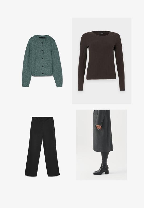 Zeleni pleteni kardigan z okroglim izrezom, dolgimi rokavi in petimi temnimi gumbi spredaj. Mehka tekstura s prijetnim videzom.; Rjav, dolgosleeve rebrasti zgornji del s krožnim izrezom. Narejen iz gladkega, raztegljivega materiala, z oprijetim silhuetom in minimalnimi detajli.; Črne široke hlače iz gladkega blaga. Imajo raven pas, dvojne stranske žepe in čiste robove na konicah.; Siv prešita zimska plašča ravnega kroja; obuta z visokimi črnimi usnjenimi škornji, ki imajo kvadratni nos in debel pet.