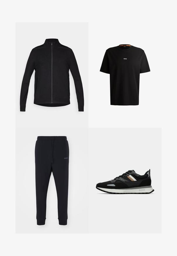 Giacca nera con zip e colletto alto, tessuto testurizzato, due tasche laterali e un logo discreto sul petto. Design aderente, maniche lunghe.; T-shirt nera in cotone con scollatura rotonda, maniche corte e logo bianco "BOSS" centrato sul petto. Texture liscia, vestibilità casual.; Pantaloni della tuta neri realizzati in materiale morbido, con vita elastica, coulisse e gambe affusolate. Presenta un piccolo logo sul lato.; Scarpa da corsa nera con superficie testurizzata, dettagli grigio chiaro e tre strisce orizzontali marroni. Presenta una suola bianca imbottita.