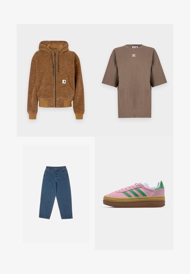 Braune Kapuzenjacke mit Reißverschluss, mit Kordelzugkapuze, Vordertasche, gerippten Bündchen und Saum sowie einem weißen Carhartt-Label auf der Tasche.; Braunes Baumwoll-T-Shirt mit kurzen Ärmeln, Rundhals und weißem Adidas-Logo, das zentral auf der Brust platziert ist. Das Design ist schlicht und der Schnitt ist locker.; Blaue Jeans aus Denim mit entspannter Passform, hoher Taille, Fünf-Taschen-Design und gesteppter Akzente. Mit einem Knopf- und Reißverschluss ausgestattet.; Rosa Wildledersneaker mit grünen Streifen, weißen Akzenten und einer braunen Gummisohle. Verfügt über strukturierten Stoff und Logodetails an der Seite.
