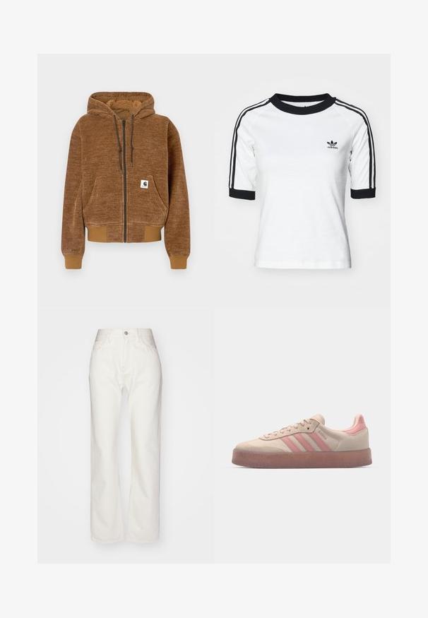 Felpa con zip marrone, cappuccio con cordino, tasca frontale, polsini e orlo a coste, etichetta bianca del marchio Carhartt sulla tasca.; T-shirt bianca in cotone con maniche corte nere e colletto, con dettagli a strisce nere e un piccolo logo Adidas nero sul petto.; Pantaloni in denim bianco con vita alta e taglio ampio. Presentano chiusura con bottone e zip, passanti per cintura e dettagli di cucitura sottili.; Sneaker beige in suede con dettagli rosa chiaro, suola in gomma testurizzata e tre strisce rosa laterali. Punta arrotondata e design con lacci.