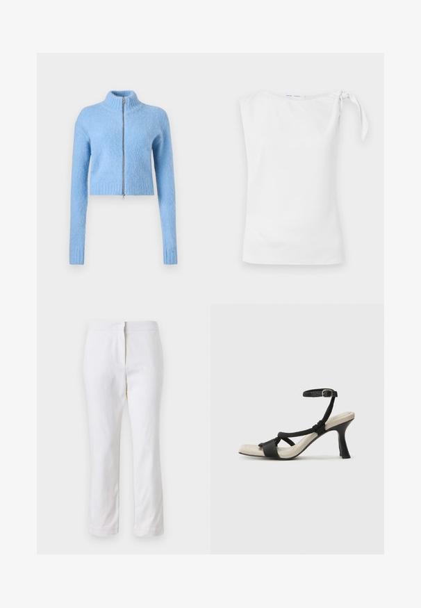 Svijetloplavi, skraćeni pulover od mekanog, teksturiranog materijala. Ima visoki ovratnik i prednji zatvarač s rebrastim manžetama.; Bela brezrokavna majica z asimetričnim izrezom in zavezanjem na levem ramenu, izdelana iz gladkega, lahkega materiala.; Beli bombažne hlače s ravnim krojem, srednje visoko pasom, brez vidnih kovinskih elementov ali vzorcev. Gladka textura po vsej površini.; Črne sandale na visoki peti z prepletenim trakom, kvadratnim nosom in nastavljivim gležnjenjem. Svetlo bež podplat z sijajno črno peto.