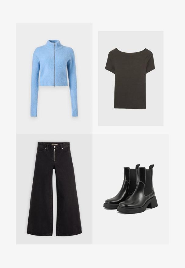 Light blue, cropped sweater made of soft, textured fabric. Features a high collar and a front zipper with ribbed cuffs.; Dark grey short-sleeve top with a boat neckline. Made from ribbed fabric, featuring a relaxed fit and clean hemline. Simple design, no patterns.; Wide-leg jeans in black denim with a zippered front, five-pocket design, and subtle stitching details. Smooth texture and casual style.; Black leather Chelsea boots with a chunky heel, elastic side panels, and contrasting white stitching. Textured finish.