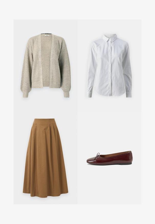 Světle béžový pletený cardigan s otevřeným předním dílem, ribbovanou texturou a balónovými rukávy. Má volný střih a mírnou pružnost.; Bílá košile na knoflíky vyrobená z hladké bavlny, s klasickým límcem, dlouhými rukávy a zakřiveným spodním lemem. Knoflíky jsou malé a bílé.; Hnědá bavlněná sukně ve stylu A s vysokým pasem, se sklady na přední straně a hladkou texturou. Lemování je čisté a jednoduché.; Burgundské lakové baleríny s kulatou špičkou, malou mašlí vpředu a nízkou černou gumovou podrážkou. Hladký povrch.