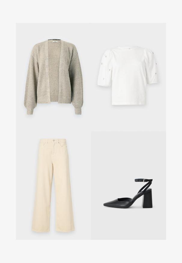 Šviesiai smėlinis megztinis kardiganas su atviru priekyje, banguota tekstūra ir balionų formos rankovėmis. Yra laisvo silueto ir šiek tiek tamprus.; Balta medvilnės marškinėliai trumpomis pūstomis rankovėmis, papuošti mažomis sidabrinėmis detalėmis ant rankovių. Klasikinis apvalus iškirpimas, laisvas siluetas.; Bežinės plačios kojos džinsai, pagaminti iš medvilnės. Turintys sagos uždarymą, diržo kilpas ir priekinės kišenes su lygia, švelnia tekstūra.; Juoda odinė smailiagalė aukštakulnio bateliai su kulkšnies dirželiu ir storu kulnu. Lygus paviršius, elegantiškas dizainas ir minimalistiška estetinė.
