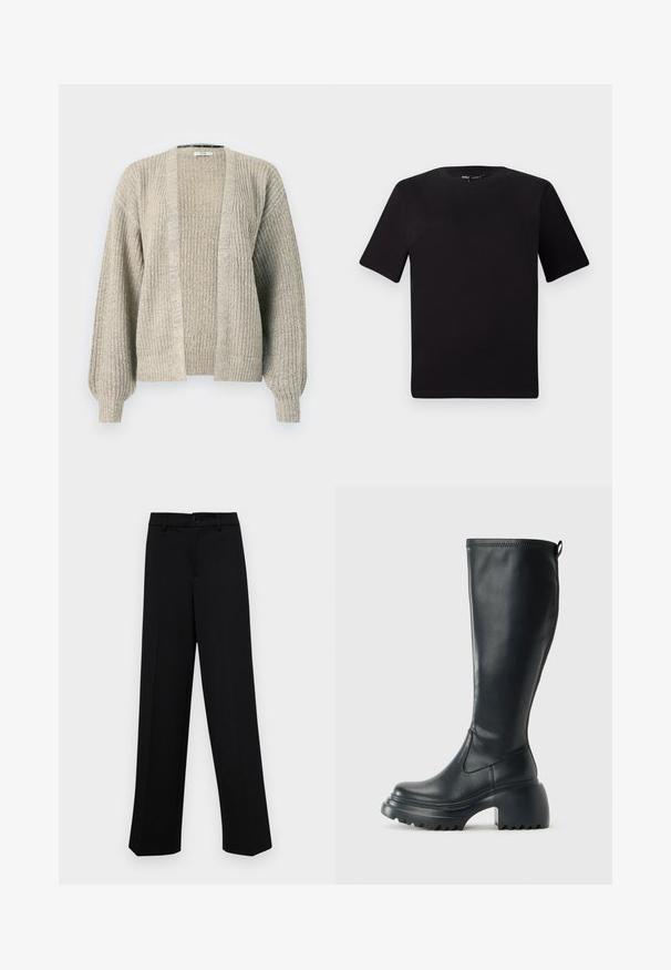 Heled helebeige ääristatud kootud kardigan avatud ees, ribatekstuuriga ja puhvvarrukatega. Omab mugavat lõiget ja kerget venivust.; Must olema lühikeste varrukatega must t-särk ümmarguse kaelusega, valmistatud pehmest puuvillast kangast. Lihtne disain, ilma nähtavate logode või mustriteta.; Musta laiad püksid siledast kangast, millel on klassikaline vöökoht, nööbiga sulgemine ja ees voldid.; Kõrge must nahksaapad, millel on massiivne platvormi tald ja blokk-kand, varustatud tõmbenööriga ja tekstuuriga väljatõmbejääk.