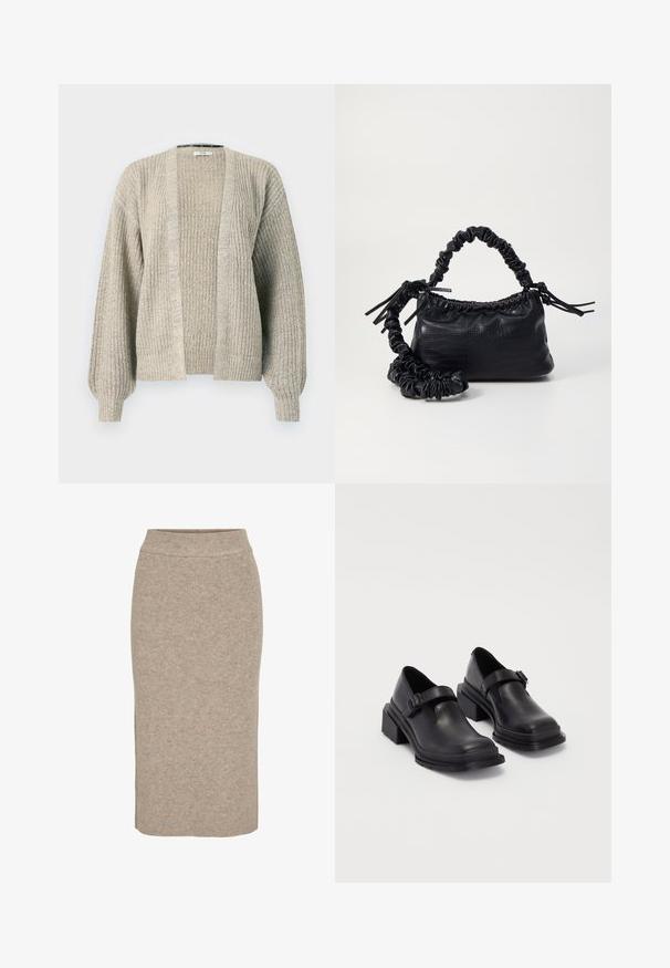 Cardigan tricotat de culoare bej deschis, cu deschidere frontală, textură cu nervuri și mâneci tip balon. Are o croială lejeră și o ușoară elasticitate.; Top scurt din material tricotat de culoare albă murdară. Mâneci lungi cu textură cu rigle și mici decupaje în jurul gâtului.; Fustă creion tricotată, de culoare bej deschis, cu textură regjată, talie înaltă și croială ajustată. Fusta ajunge sub genunchi.; Pantofi din piele neagră cu vârf rotunjit, talpă plată și o curea cu detaliu de cataramă. Toc gros pentru o stabilitate suplimentară.; Geantă din faux leather neagră cu textură de crocodil, cu partea superioară strânsă și o curea mototolită. Pare moale și compactă ca design.