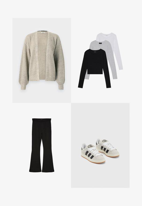 Heled helebeige ääristatud kootud kardigan avatud ees, ribatekstuuriga ja puhvvarrukatega. Omab mugavat lõiget ja kerget venivust.; Kolm pikkade varrukatega toppi, mis on üksteise peale asetatud: must, hall ja valge. Igal ühel on ümar kaelus ja lühike disain, valmistatud siledast, kergekaalulisest kangast.; Mustad mustad sääred, mis on valmistatud venivast kangast. Omab laia vööd ja siledat tekstuuri, sobituv siluett, mis laieneb allservas.; Hallid hallid nahkrennid valgete paeltega, mustade triipudega ja valge kummitaldiga. Omab ümmargust logo keeles ja kummitalda.