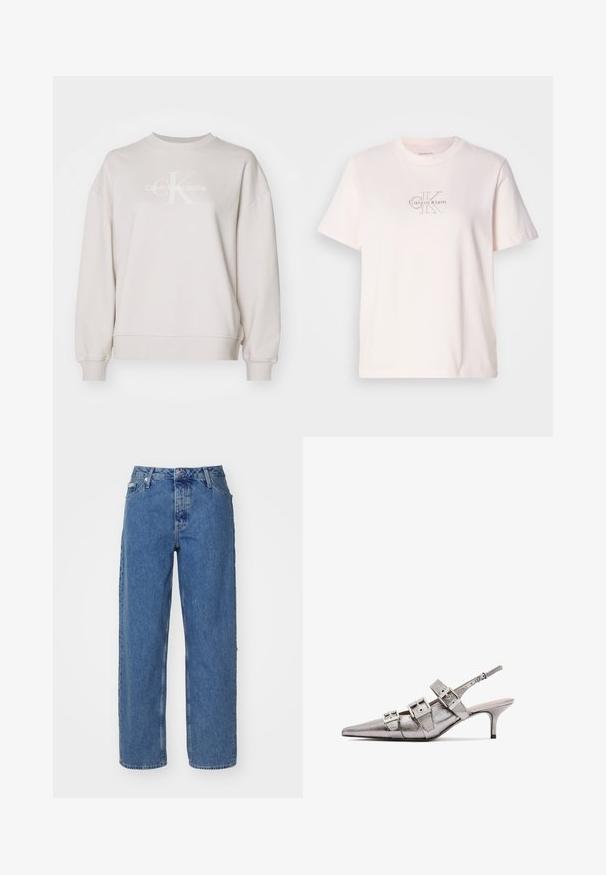 Φωτεινό μπεζ φούτερ Calvin Klein Jeans με στρογγυλή λαιμόκοψη, χαμηλωμένους ώμους και λευκό λογότυπο τυπωμένο στο μπροστινό μέρος. Μαλακή υφή υφάσματος.; Απαλή ροζ βαμβακερή μπλούζα ντεκολτέ, με ασημένιο κεντητό λογότυπο "Calvin Klein" και διακριτό σχέδιο "CK" στο στήθος.; Ανοιχτό μπλε τζιν παντελόνι με ψηλή μέση, ίσια γραμμή, πέντε τσέπες και ελαφρώς ξεθωριασμένη υφή. Κλείσιμο με κράκ και κουμπί.; Μεταλλικά ασημί γόνατα στιλέτο με μυτερή μύτη, περιλαμβάνοντας τρεις φαρδιές λωρίδες και τετράγωνα μεταλλικά αγκράφες. Γυαλιστερή υφή και λεπτό τακούνι.